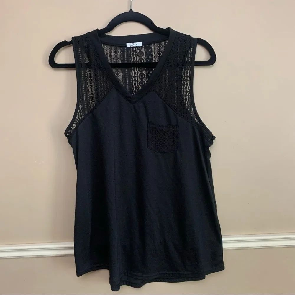 Ardene Lace Shoulder Tank Top with Front Pocket Black Size Medium